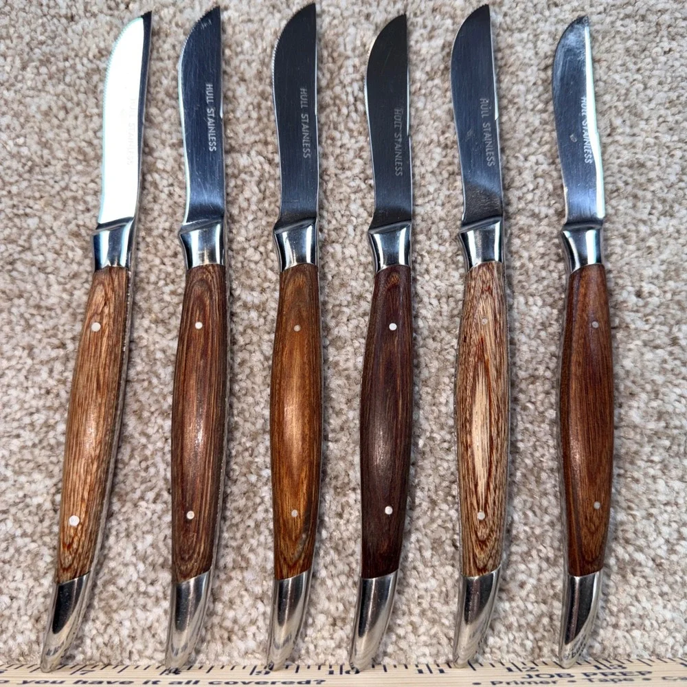 Vintage Hull Stainless Steak Knife Set 6pc Faux Wood Grain Handles Japan Case